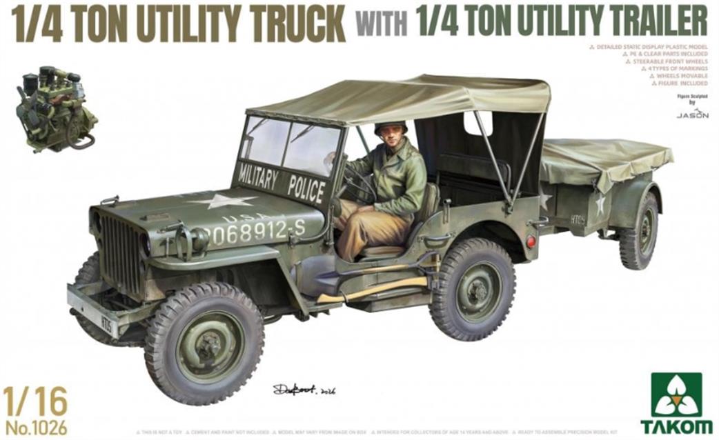 Takom 1/16 01026 US 1/4 Ton Utlity Truck with 1/4 Ton Trailer Plastic Kit