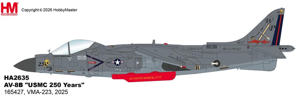 Hobby Master 1/72 HA2635 AV-8B Harrier USMC 250 Years 165427 VMA-223, 2025