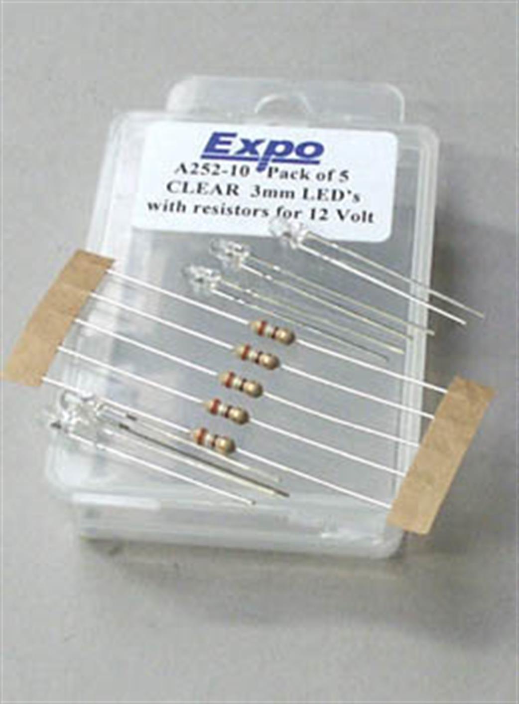 Expo  25210 3mm Clear LED with Resistors for 12v Pack of 5