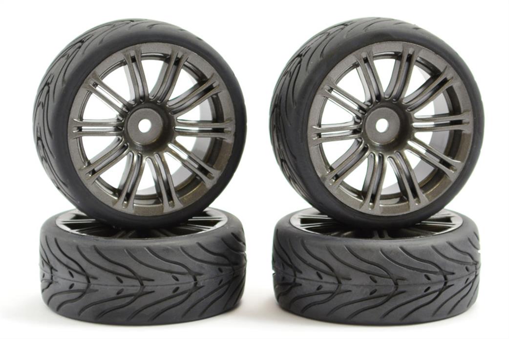 Fastrax 1/10 FAST0077GM Street Treaded Tyres 20 Spoke Wheels Gunmetal Pack of 4