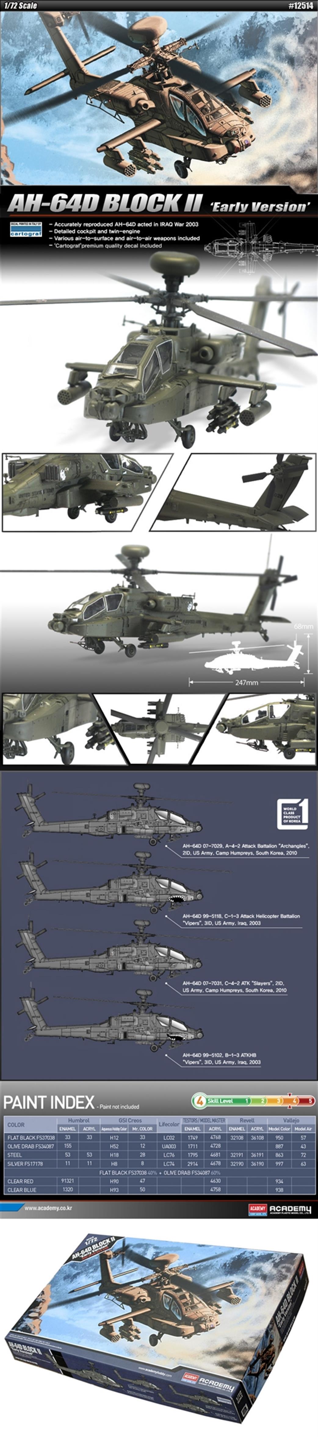 Academy 1/72 12514 US AH64D Apache Block 2 Early Version Helicopter Kit