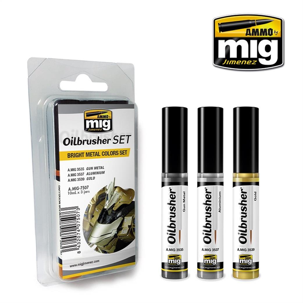 Ammo of Mig Jimenez  A.MIG-7507 Bright Metals Oilbrusher Set 3 x 10ml Jars