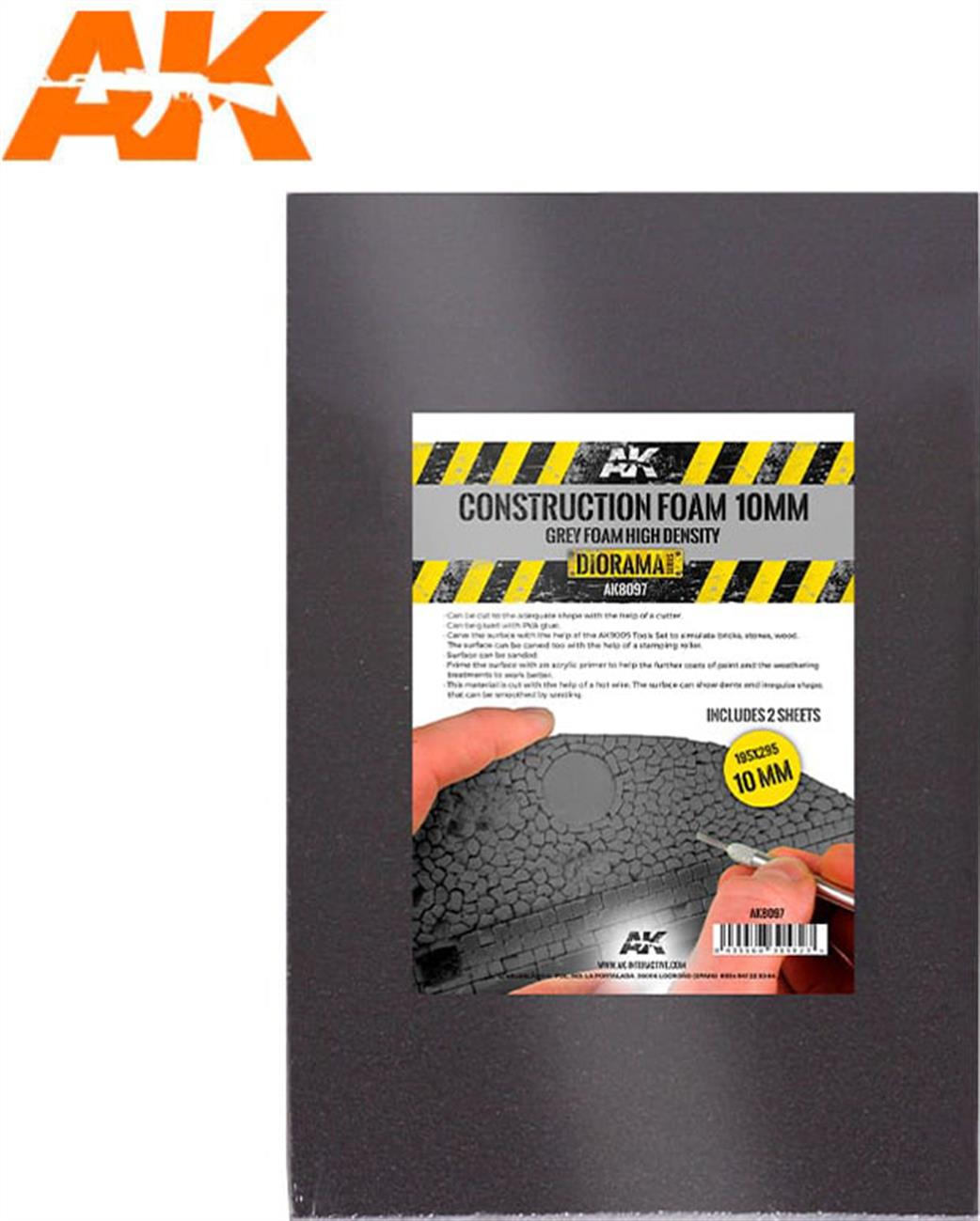 AK Interactive  AK8097 Construction Foam Grey  10mm For Diorama Work 2 Sheets 195 x 295mm